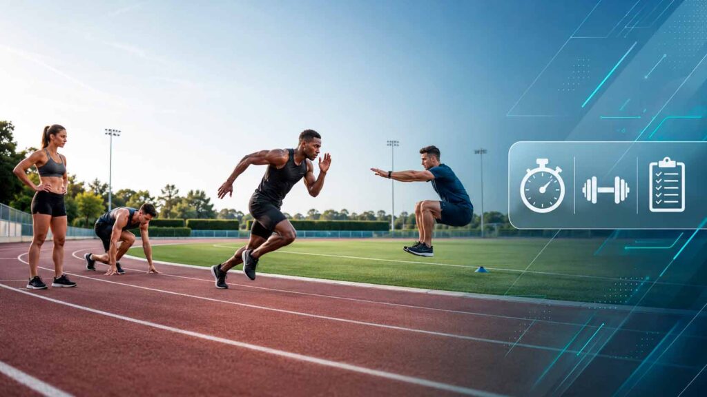 Corredores en pista de atletismo realizando test físicos de educación física con cronómetro y pesas.