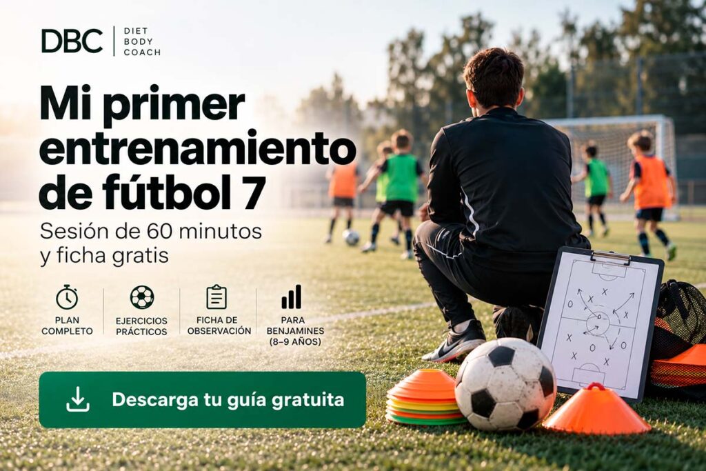 Entrenamiento de fútbol 7 para benjamines de 8 a 9 años con ejercicios y ficha de observación